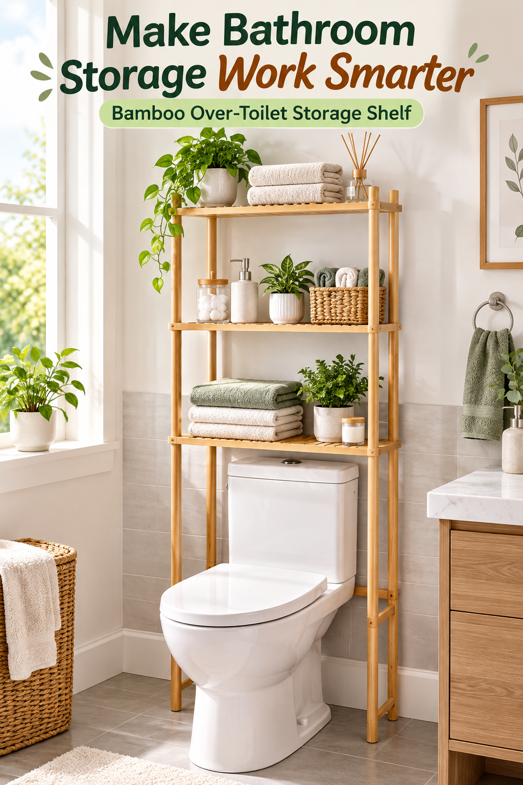 Bamboo over-toilet shelf used to organize a small bathroom