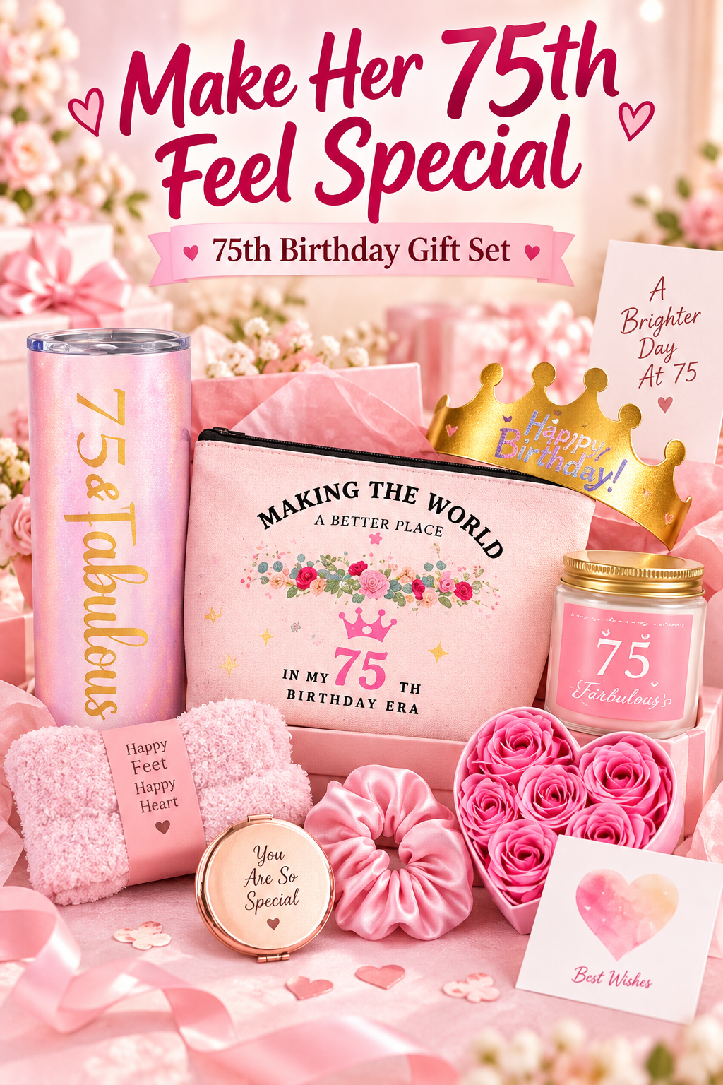 Pink 75th birthday gift set with tumbler, pouch, candle, crown and keepsakes; headline reads Make Her 75th Feel Special.