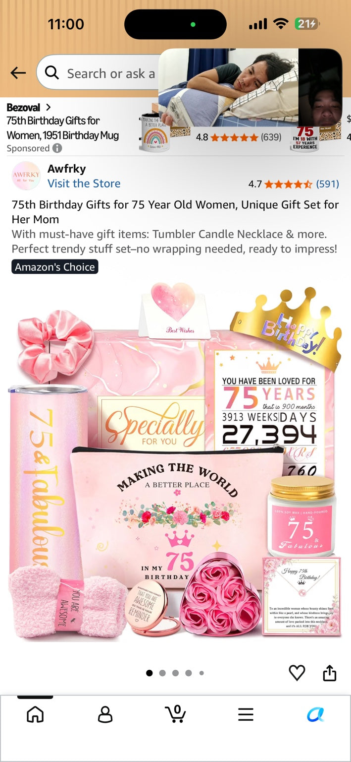 Amazon product image showing the pink 75th birthday gift set and included keepsakes.