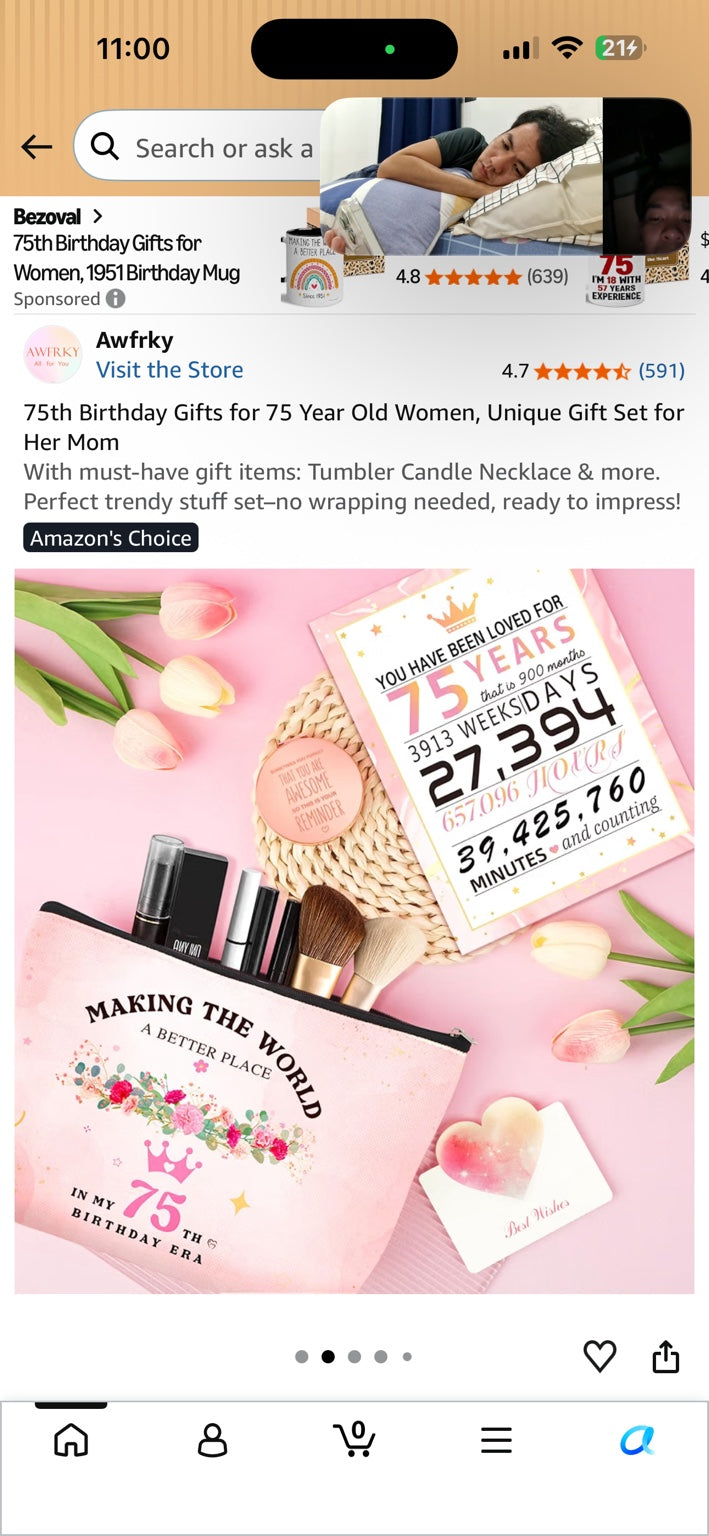 Amazon product image showing the pink 75th birthday gift set and included keepsakes.