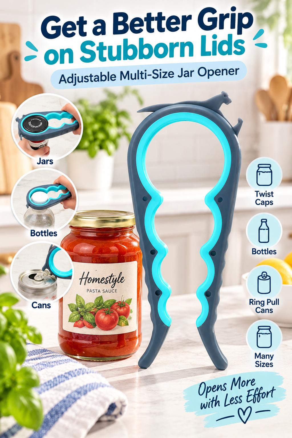 Blue and grey adjustable jar opener in a bright kitchen with the headline “Get a Better Grip on Stubborn Lids.”