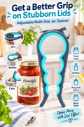 Blue and grey adjustable jar opener in a bright kitchen with the headline “Get a Better Grip on Stubborn Lids.”