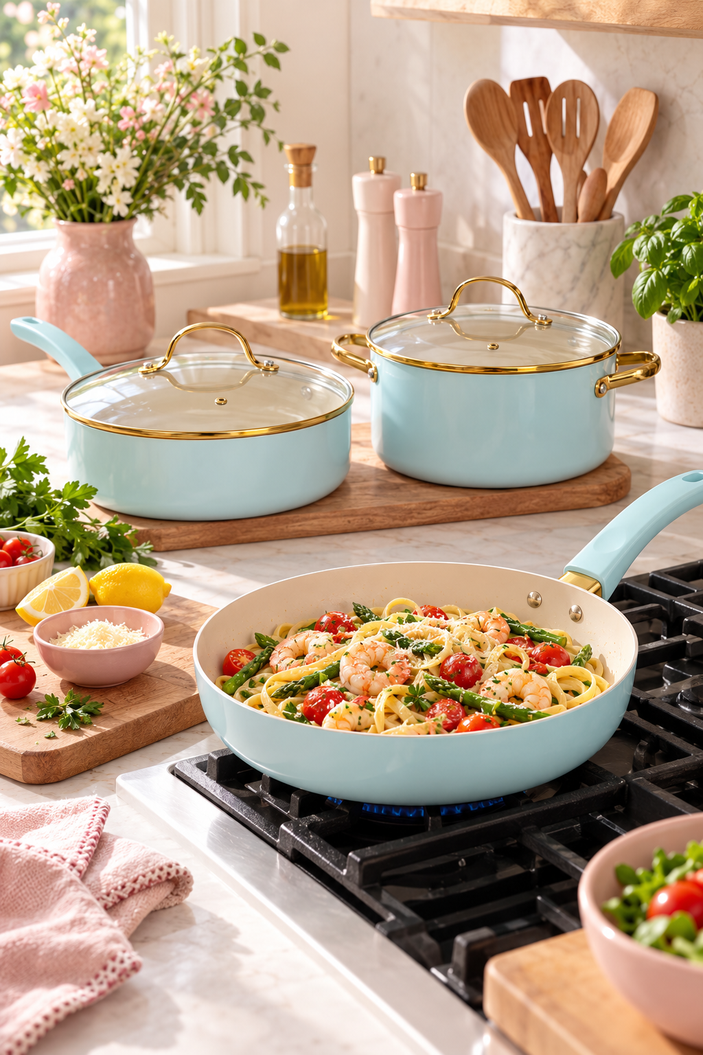 Vertical editorial kitchen scene featuring aqua nonstick cookware with cream interiors, gold-tone trim and handles, and clear glass lids. A wide frying pan sits on a black gas cooktop filled with pasta, shrimp, cherry tomatoes and asparagus. Two matching covered pots rest on a wooden board behind it. Soft daylight falls across pale marble counters with pink salt and pepper mills, a blush flower vase, fresh herbs, lemons, tomatoes, wooden utensils and pink kitchen linens.