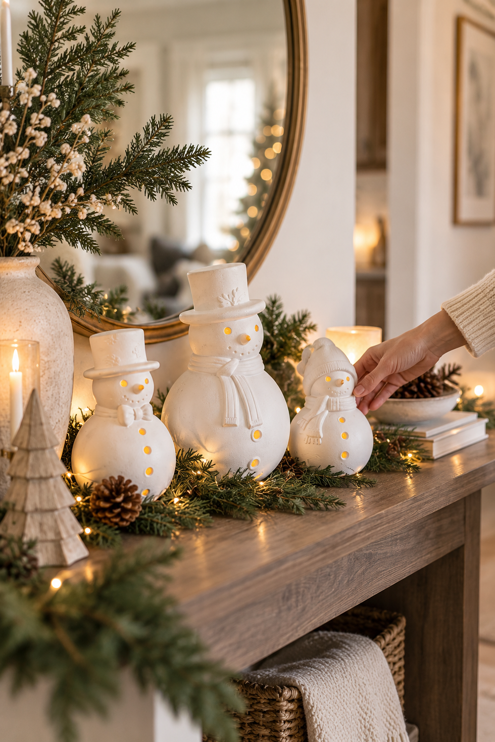 Three white snowman figurines of different sizes sit together on a wooden console styled for Christmas, surrounded by evergreen branches, warm string lights, pinecones, neutral candles, a small wooden tree, stacked books, and a round gold-framed mirror. Two snowmen wear top hats and scarves, while the smallest wears a knit cap and scarf. A hand in a cream sweater adjusts the small snowman, creating a warm, neutral holiday decorating scene with soft background lights.