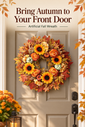Artificial fall wreath with sunflowers, pumpkins and autumn leaves on a front door beneath the headline Bring Autumn to Your Front Door.