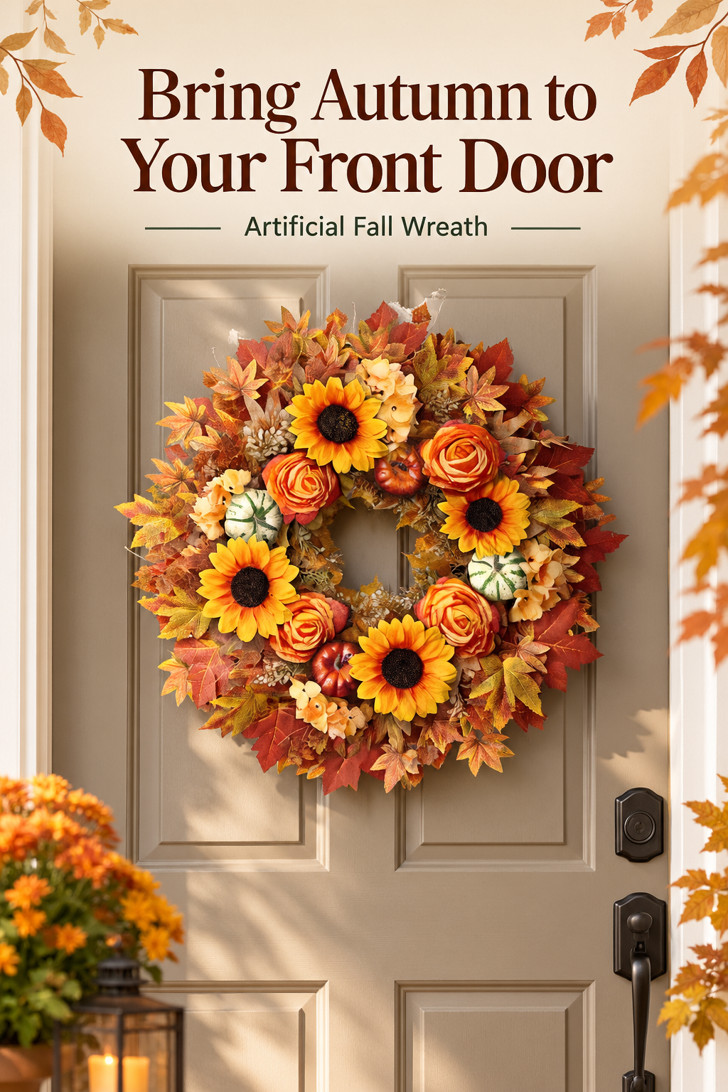 Artificial fall wreath with sunflowers, pumpkins and autumn leaves on a front door beneath the headline Bring Autumn to Your Front Door.