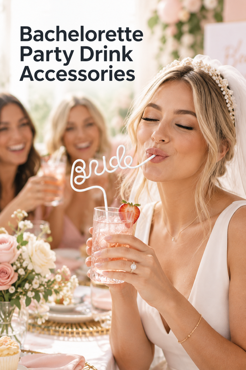 Vertical lifestyle photo of a bride-to-be in a white dress and veil sipping a pink drink through an oversized white script straw that spells “Bride.” Two friends smile in the softly blurred background at a blush-toned bridal brunch table with pink and cream flowers, glassware, place settings, and a strawberry garnish. Large dark headline text in the upper left reads “Bachelorette Party Drink Accessories,” with bright natural light and a polished editorial look.