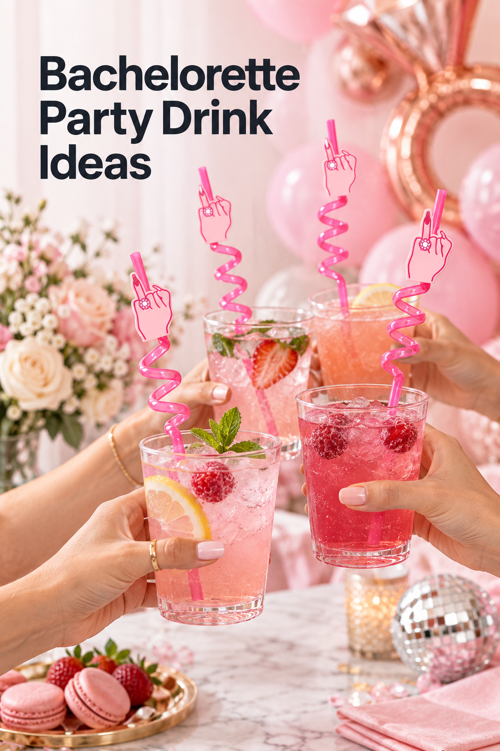 Vertical lifestyle photo of a pink bachelorette party drink setup with four clear glasses of sparkling pink drinks raised for a toast. Each glass uses a bright pink spiral straw topped with an illustrated hand wearing a ring, matching the featured ring-finger straw design. Pink balloons, rose-gold party decor, pale flowers, berries, macarons, and a small disco ball fill the background. Large charcoal headline at the upper left reads “Bachelorette Party Drink Ideas.”