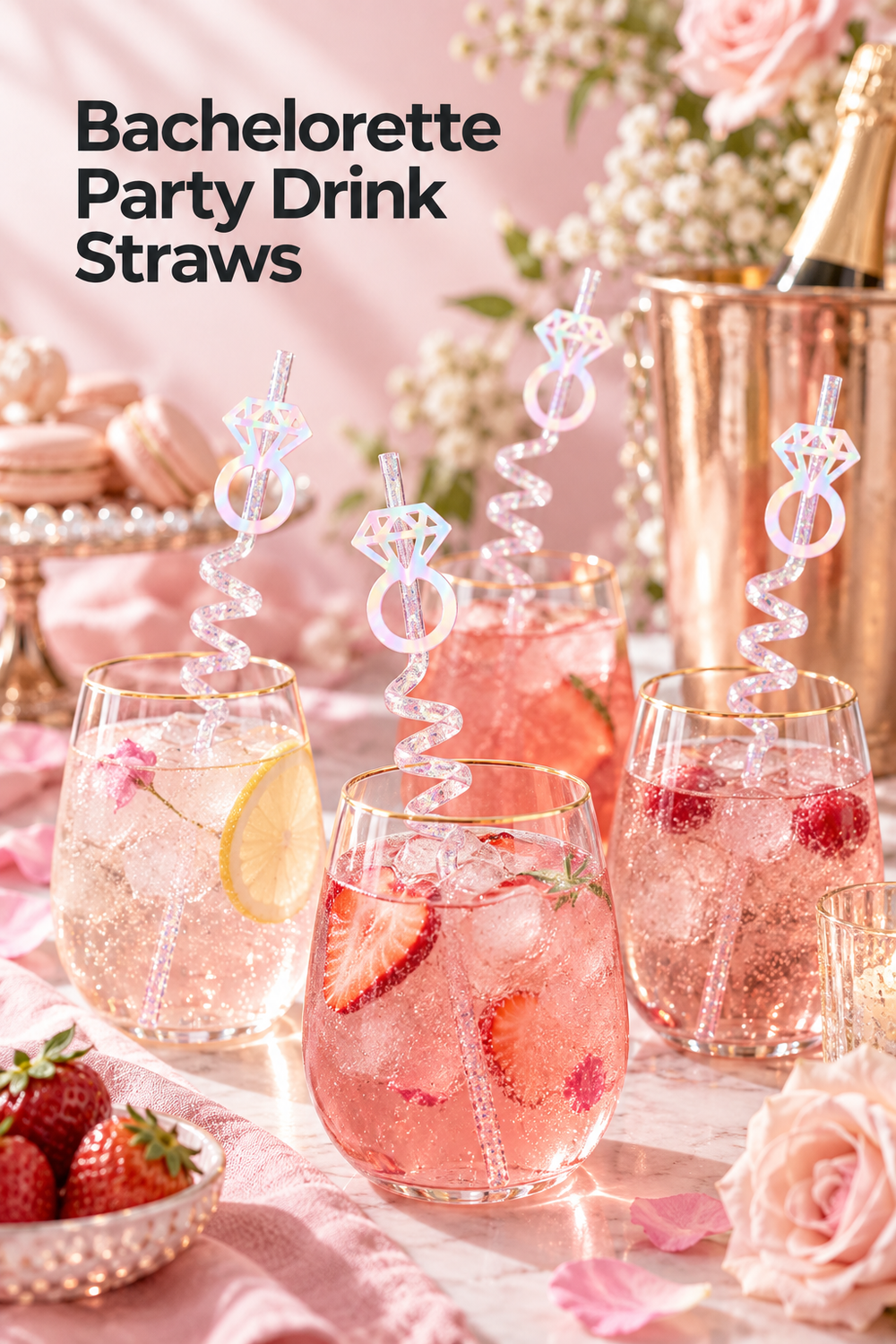 Vertical lifestyle photo of a pink bachelorette drink station with four stemless glasses filled with sparkling pink and citrus drinks on a pale marble table. Clear glittery spiral straws rise from the glasses, each topped with an iridescent acrylic diamond-ring shape. Pink roses, strawberries, macarons, scattered petals, baby’s breath, and a rose-gold ice bucket create a soft bridal-party setting. Headline at top left reads “Bachelorette Party Drink Straws.”