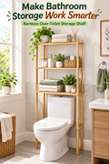 Natural bamboo three-tier shelf positioned over a toilet in a bright bathroom, with the headline “Make Bathroom Storage Work Smarter.”