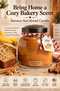 Banana nut bread candle in a warm kitchen scene with headline Bring Home a Cozy Bakery Scent.