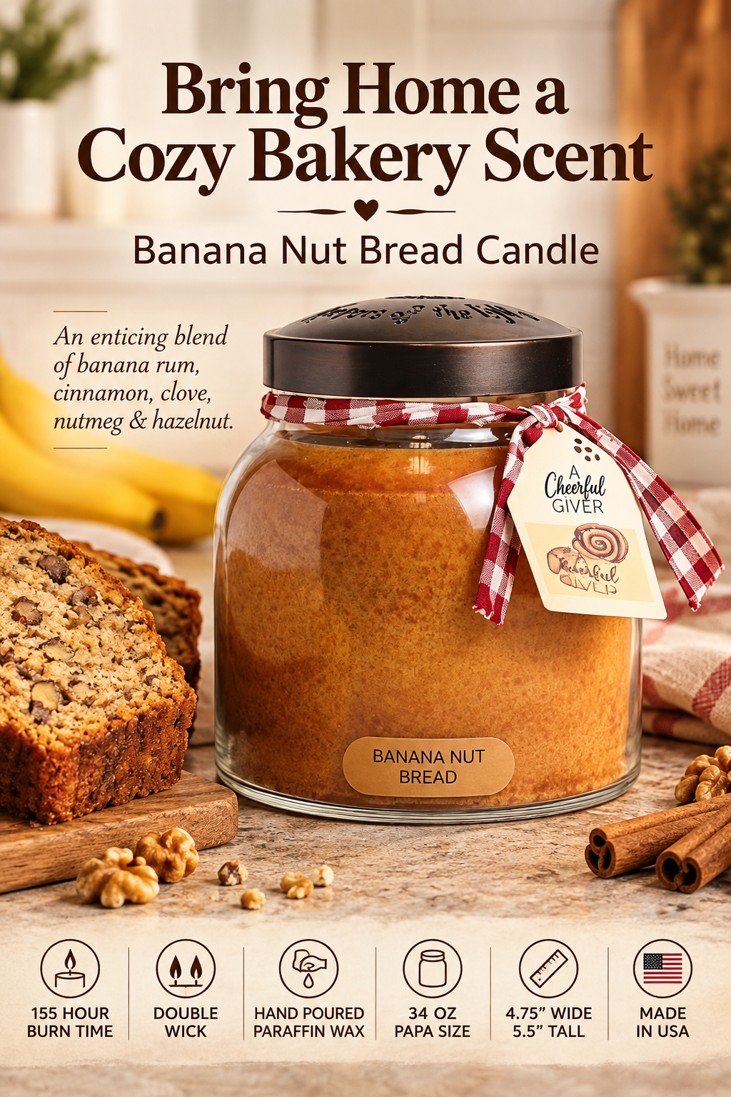 Banana nut bread candle in a warm kitchen scene with headline Bring Home a Cozy Bakery Scent.