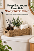 Neutral scalloped woven bathroom storage basket on a toilet tank holding toilet paper, greenery and a diffuser, with the headline Keep Bathroom Essentials Neatly Within Reach.