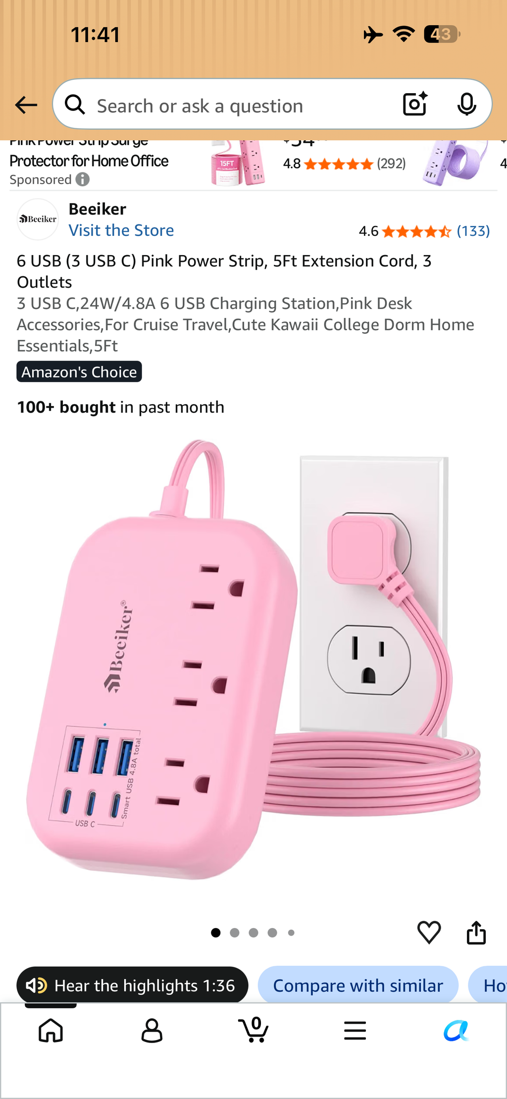 Pink power strip with three AC outlets, three USB-A ports, three USB-C ports and pink extension cord.