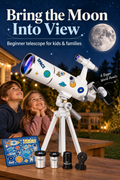 Vertical Pinterest image in a warmly lit backyard at night. A white beginner refractor telescope with colorful space stickers stands on a tripod beside two smiling children looking up at a bright Moon in a starry navy sky. A smartphone is mounted near the eyepiece, while two eyepieces, a 3X Barlow lens, adapter piece, and sticker sheet sit on the wooden table. Text reads “Bring the Moon Into View,” “Beginner telescope for kids & families,” and “A Bigger World Awaits.”