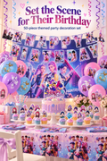 Colorful themed birthday party decoration set arranged with banner, balloons, cake toppers and table decor under the headline Set the Scene for Their Birthday.