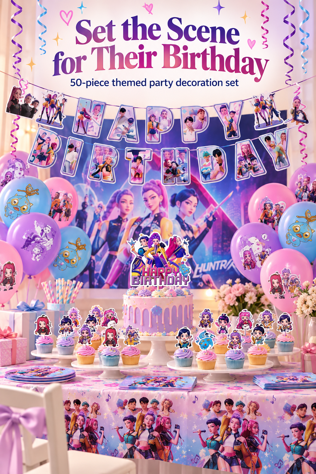 Colorful themed birthday party decoration set arranged with banner, balloons, cake toppers and table decor under the headline Set the Scene for Their Birthday.