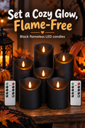 Six black flameless LED pillar candles with two remotes in a warm Halloween setting, with the headline “Set a Cozy Glow, Flame-Free.”
