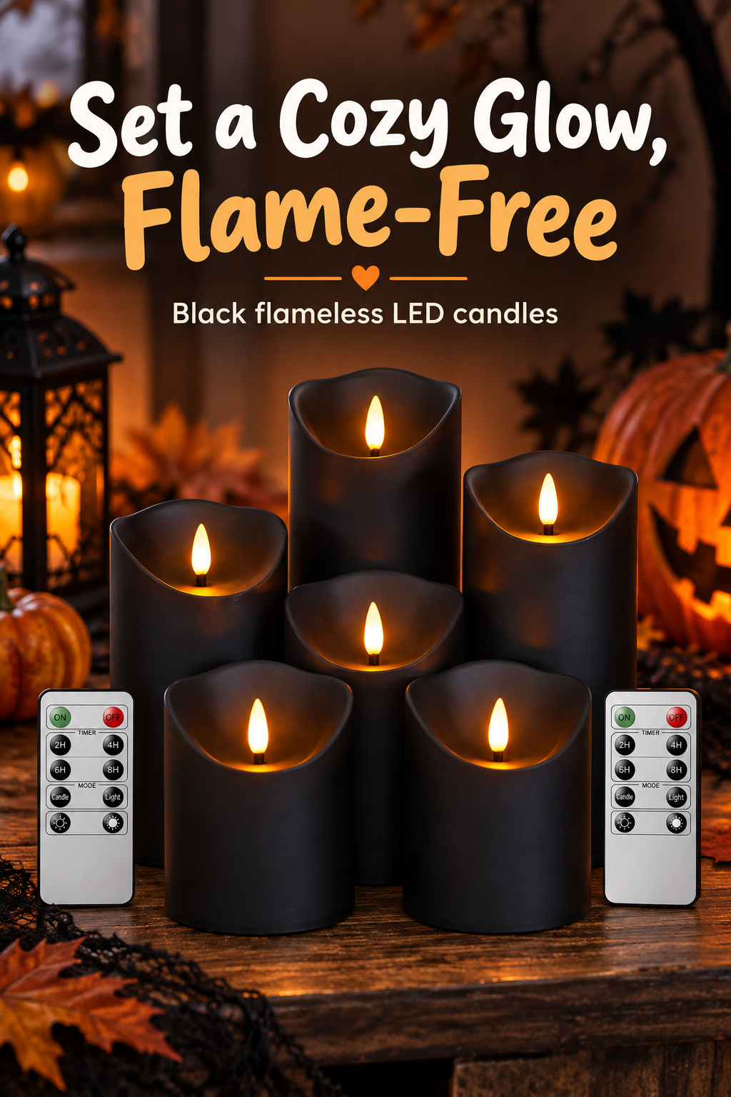 Six black flameless LED pillar candles with two remotes in a warm Halloween setting, with the headline “Set a Cozy Glow, Flame-Free.”