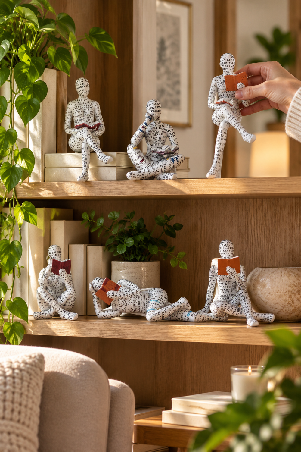 Vertical lifestyle photo of a warm wood bookshelf in a softly lit living room, styled with leafy plants, neutral books, ceramics, framed art, a lamp, and six white reading-woman figurines covered in black letter print. Five figures sit or recline across the shelves holding rust, burgundy, or red books, while a cream-sleeved hand places a sixth seated figure on the upper shelf. Natural sunlight, a textured chair, and a candle complete the cozy reading-corner scene.