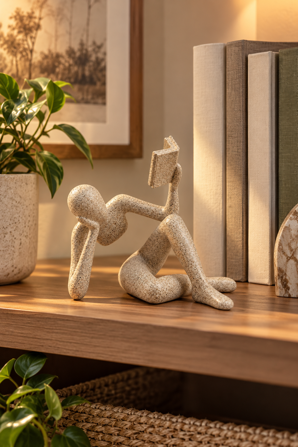 Vertical lifestyle photograph of a speckled beige reading-man sculpture posed on a warm wooden bookshelf, reclining with one hand supporting its head and the other holding an open book. Neutral clothbound books stand behind the figure beside a marbled bookend. A leafy plant in a textured pot and framed botanical artwork soften the scene, while late-afternoon sunlight creates warm shadows across the shelf and woven basket below. The scene is calm and minimal.