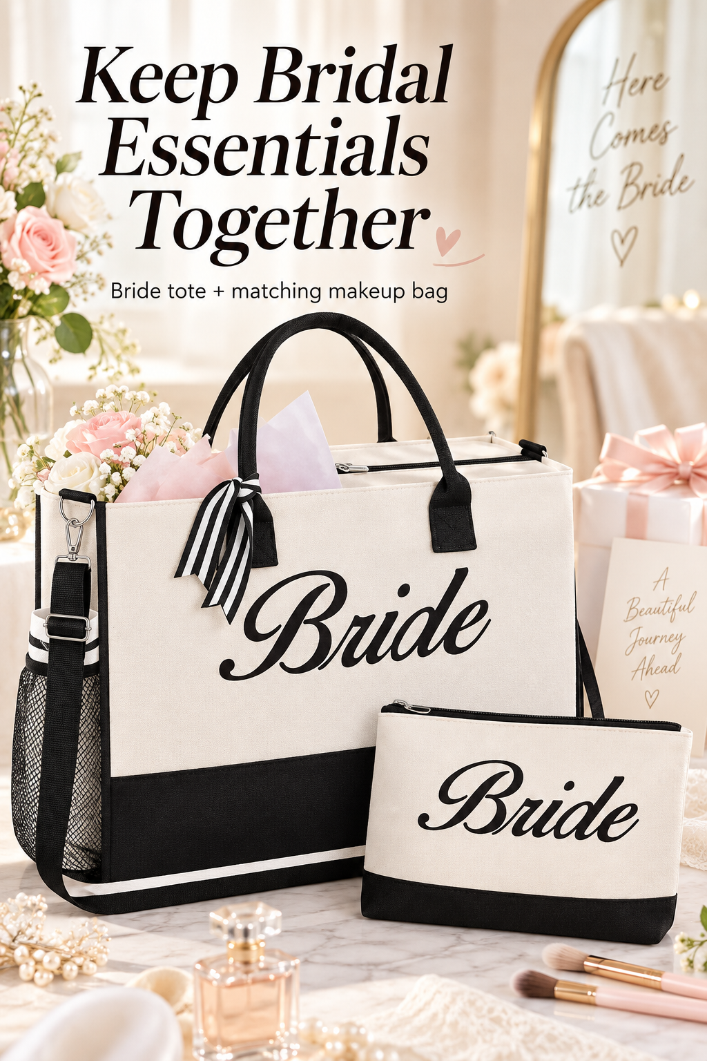 Cream Bride tote and matching makeup bag in a bridal setting with the headline Keep Bridal Essentials Together