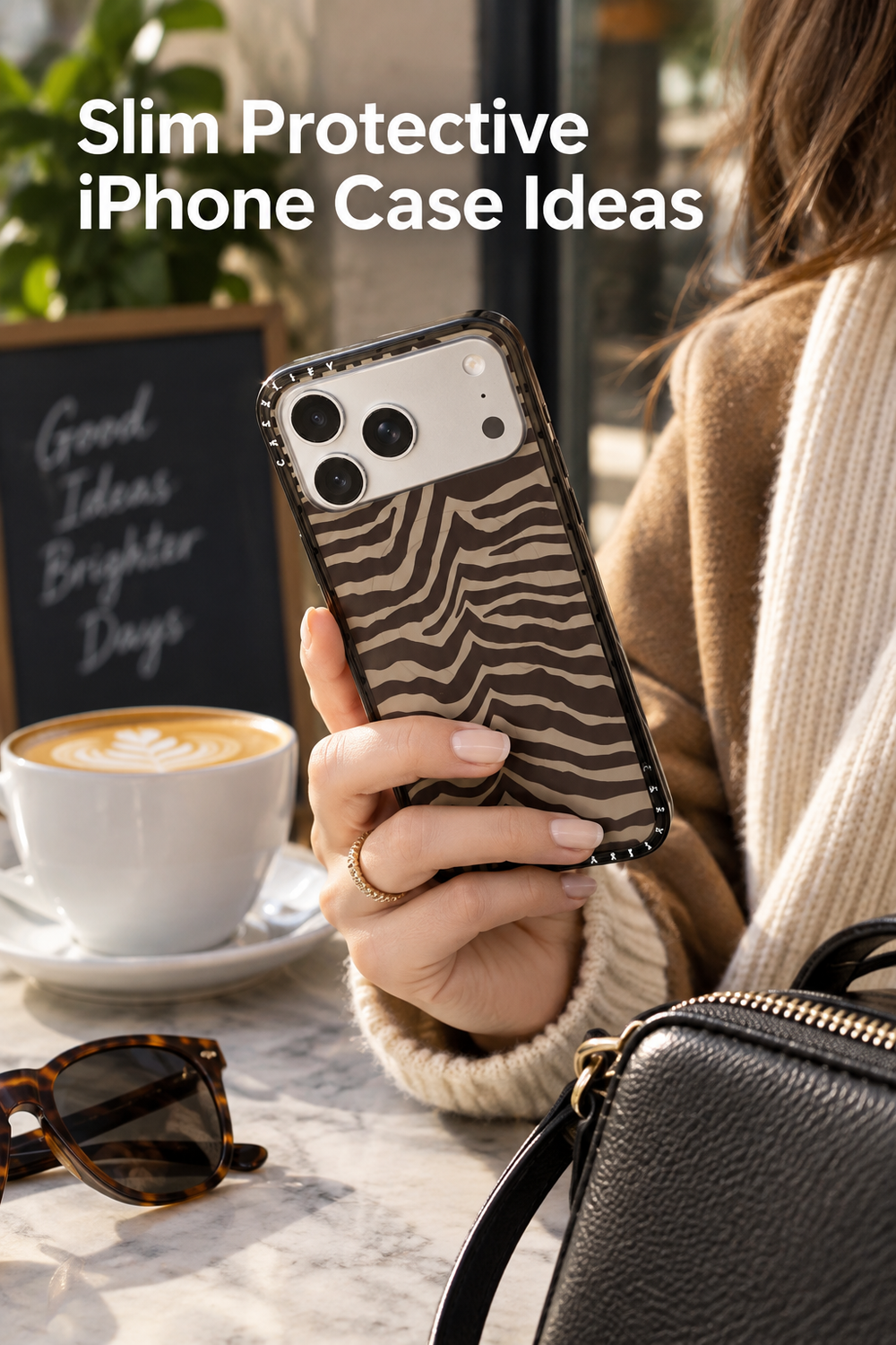 Vertical lifestyle photo in portrait format of a person holding an iPhone in a slim brown-and-tan zebra-pattern case with a dark bumper at a sunlit café table. A white latte cup sits beside tortoiseshell sunglasses and a black leather bag, while a neutral knit sleeve and softly blurred greenery create a warm everyday setting. Large white headline text at the upper left reads “Slim Protective iPhone Case Ideas,” with the phone case centered as the main focus.