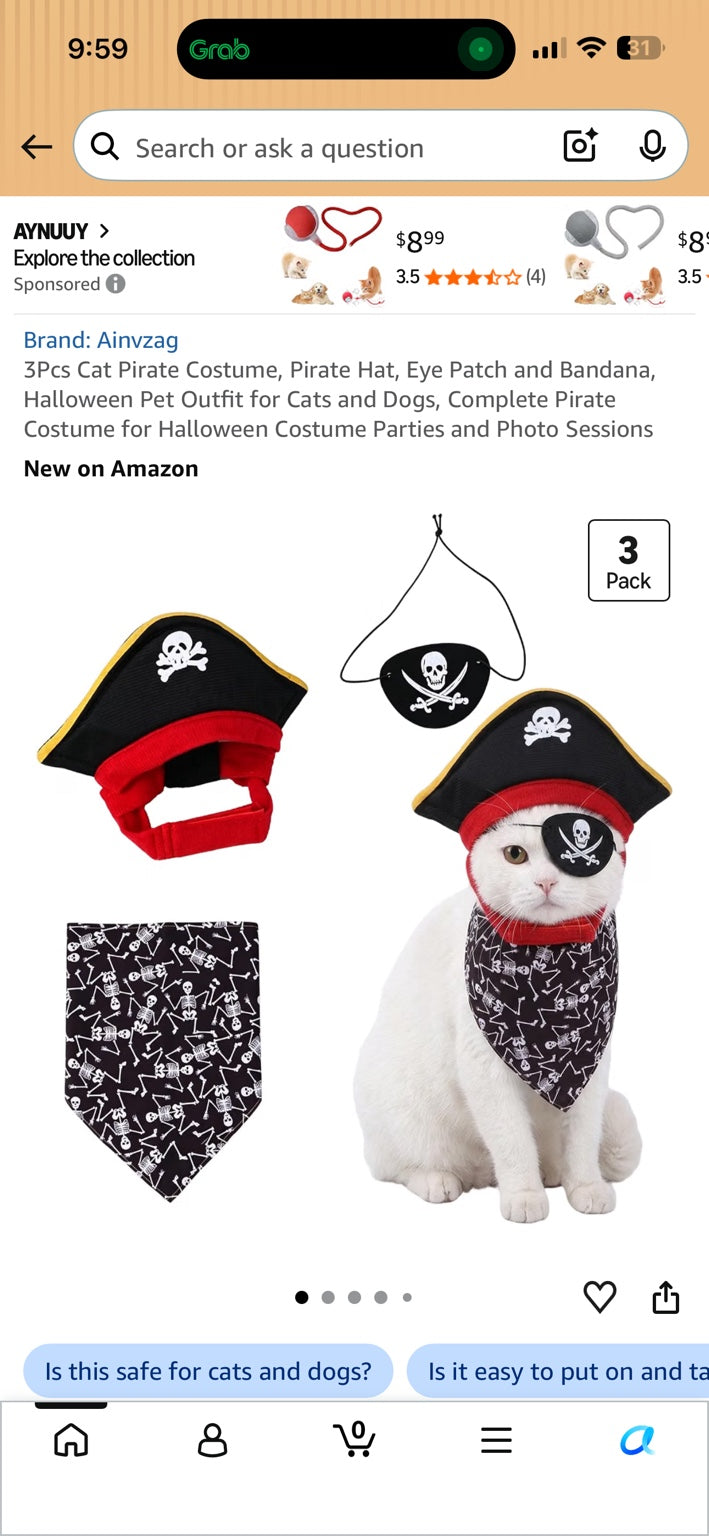 Amazon product screenshot showing a three-piece pet pirate costume with black pirate hat, eye patch, and skeleton-print bandana.