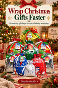 Festive Christmas drawstring gift bags in assorted holiday designs beneath the headline Wrap Christmas Gifts Faster.