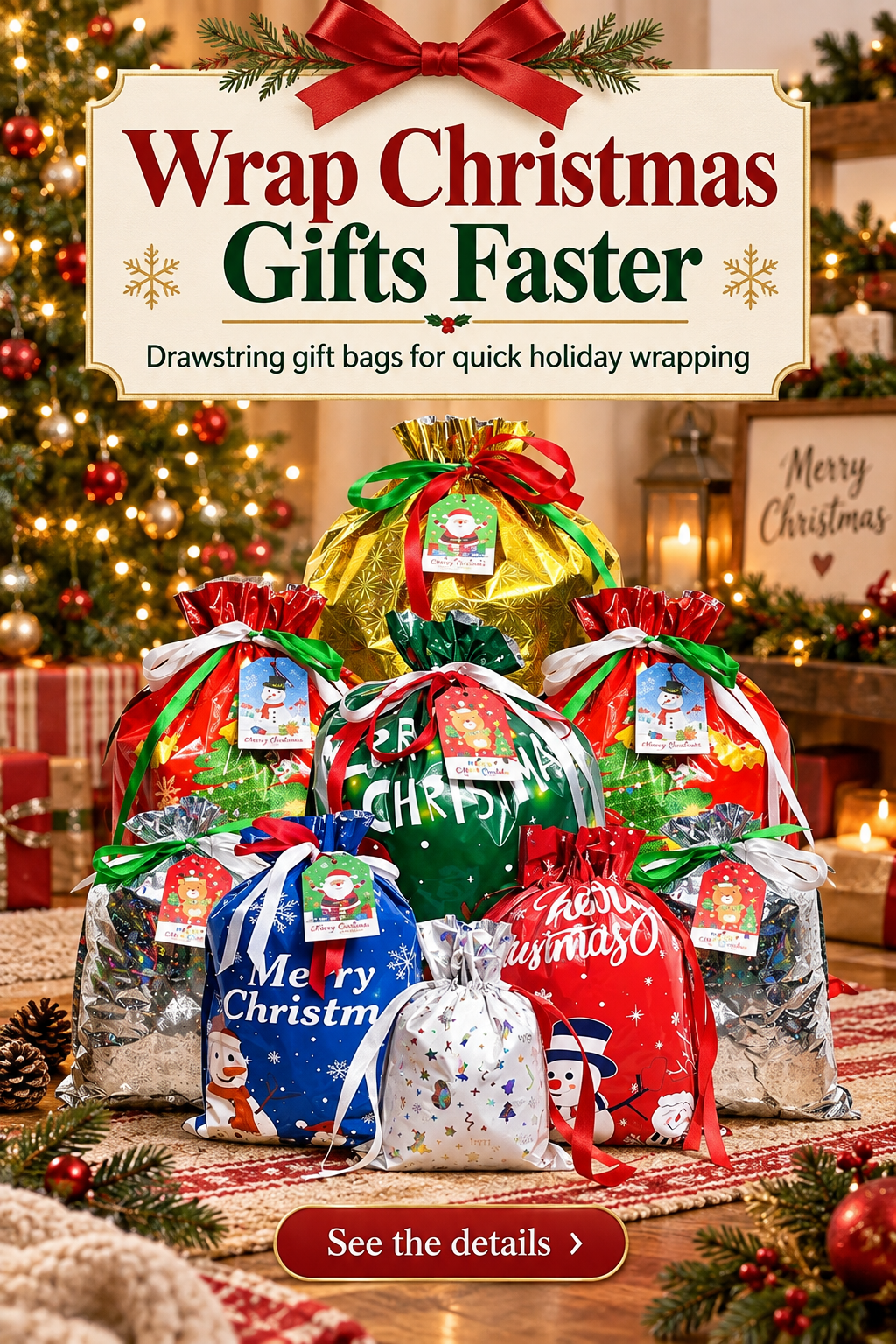 Festive Christmas drawstring gift bags in assorted holiday designs beneath the headline Wrap Christmas Gifts Faster.