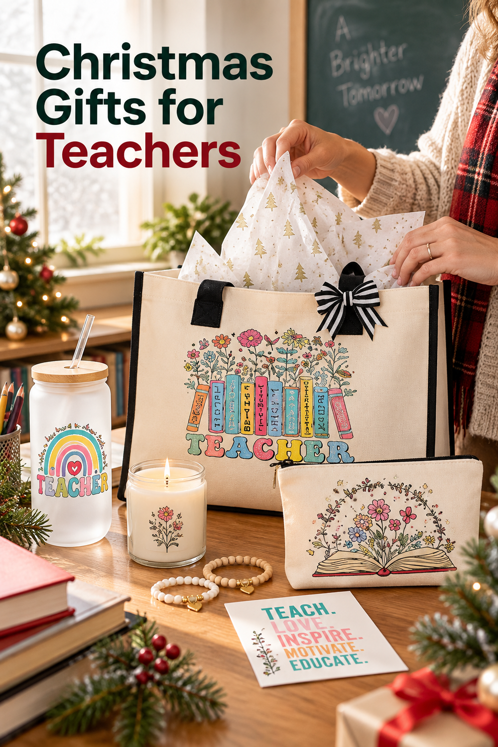 Vertical holiday classroom scene showing a woman’s hands opening a cream teacher tote with black handles, striped bow, colorful books and flowers, and festive tissue paper. On the desk are a teacher-themed lidded tumbler with straw, candle, floral zip pouch, two beaded bracelets, appreciation card, books, greenery and a wrapped gift. A Christmas tree and chalkboard sit in the background. Large headline at upper left reads “Christmas Gifts for Teachers.”
