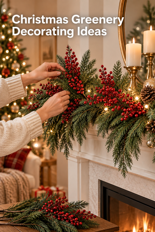 Vertical Christmas lifestyle photo showing hands in a cream knit sweater arranging faux evergreen and glossy red berry stems across a white fireplace mantel. Warm string lights weave through the greenery beside pinecones, gold candleholders, lit ivory candles, and a round brass mirror, with a glowing Christmas tree in the background. Extra pine-and-berry stems rest on a wooden table in front. White headline at top left reads “Christmas Greenery Decorating Ideas.”
