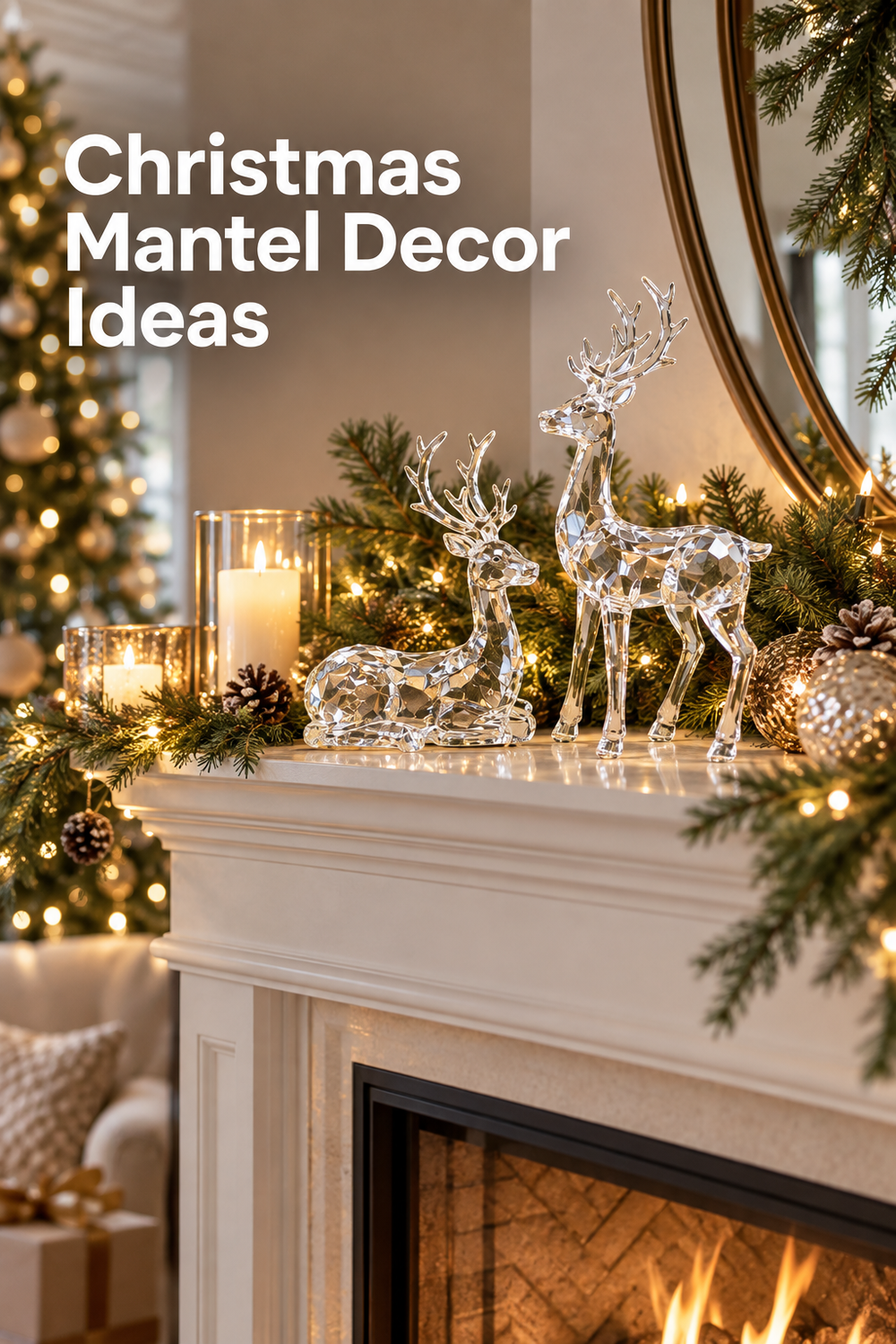 Vertical Christmas mantel scene with two clear faceted reindeer figurines, one standing and one resting, arranged on a white fireplace mantel beside evergreen garland, warm string lights, glass pillar candles, pinecones, and metallic ornaments. A round brass-framed mirror rises behind the display, with a softly blurred lit Christmas tree and cozy seating in the background. White headline text at the upper left reads “Christmas Mantel Decor Ideas.”