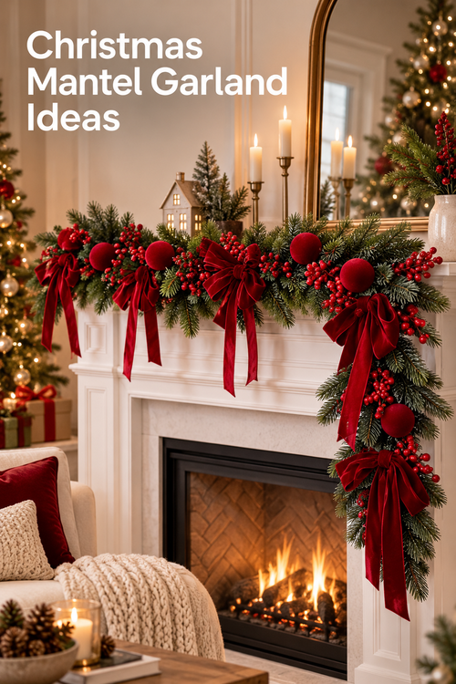 Vertical Christmas living room scene with the headline “Christmas Mantel Garland Ideas” in large white text at the upper left. A lush green garland drapes across a cream fireplace mantel and down the right side, decorated with deep red velvet bows, round red ornaments, and clusters of red berries. A glowing fire, candles, gold-framed mirror, miniature house, Christmas tree, wrapped gifts, cream chair, red pillow, and chunky knit throw create a warm holiday setting.