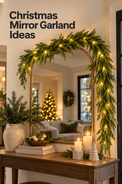 Vertical holiday entryway scene with an arched bronze-framed mirror above a wooden console. A lush green Christmas mirror garland with soft drooping evergreen branches and warm white lights drapes across the top of the mirror and cascades down the right side. The console holds a beige vase with greenery, stacked neutral books, gold ornaments in a wooden bowl, cream candles, evergreen sprigs, and a small ribbed tree. Headline reads “Christmas Mirror Garland Ideas.”