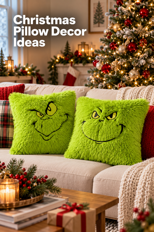 Vertical Christmas living room scene with two bright lime-green shaggy square pillow covers featuring black mischievous face designs on a cream sofa. A lit Christmas tree with red and gold ornaments fills the background beside mantel greenery, stockings, candles, and warm holiday lights. Red knit and plaid cushions, a chunky cream throw, greenery, books, and a wrapped gift complete the cozy setting. White headline text at the upper left reads “Christmas Pillow Decor Ideas.”