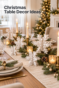 Vertical Christmas dining scene with several white freestanding 3D wooden snowflake decorations arranged as centerpieces along a warm wood table. Cream linens, white plates, crystal glassware, evergreen branches, pinecones, gold candleholders, and glowing votive and taper candles create a layered winter setting, with a softly blurred lit Christmas tree in the background. Large dark headline text at the upper left reads “Christmas Table Decor Ideas.”