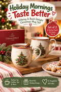 Two Christmas tree porcelain mugs in a cozy holiday setting with headline Holiday Mornings Taste Better.