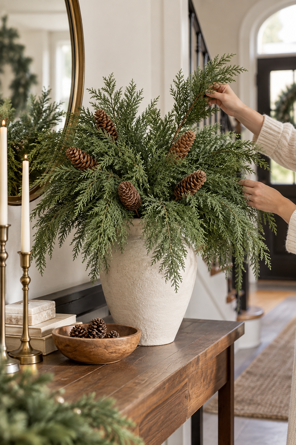 Vertical lifestyle photo of faux cedar greenery and brown pinecone stems arranged in a large textured ivory vase on a warm wood entryway console. A person in a cream knit sweater adjusts the cascading evergreen branches by hand. Brass taper candles, stacked books, a wooden bowl filled with pinecones, a round brass-framed mirror, a softly blurred staircase, and subtle holiday greenery create a cozy neutral Christmas decorating scene in soft natural daylight.