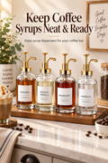 Four glass coffee syrup dispensers with gold pumps on a warm coffee bar beneath the headline Keep Coffee Syrups Neat & Ready.