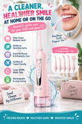 Pink cordless water dental flosser with replaceable tips in a bright bathroom, with headline “A Cleaner, Healthier Smile at Home or on the Go.”