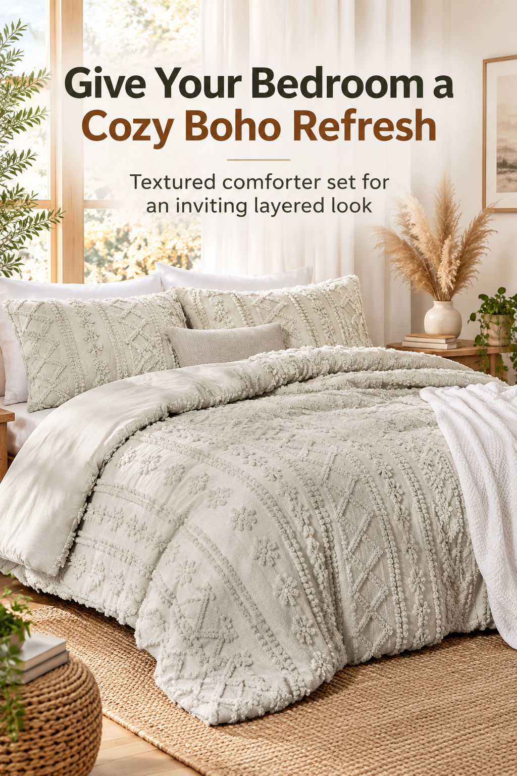 Cream textured boho comforter on a bright neutral bed with the headline Give Your Bedroom a Cozy Boho Refresh.
