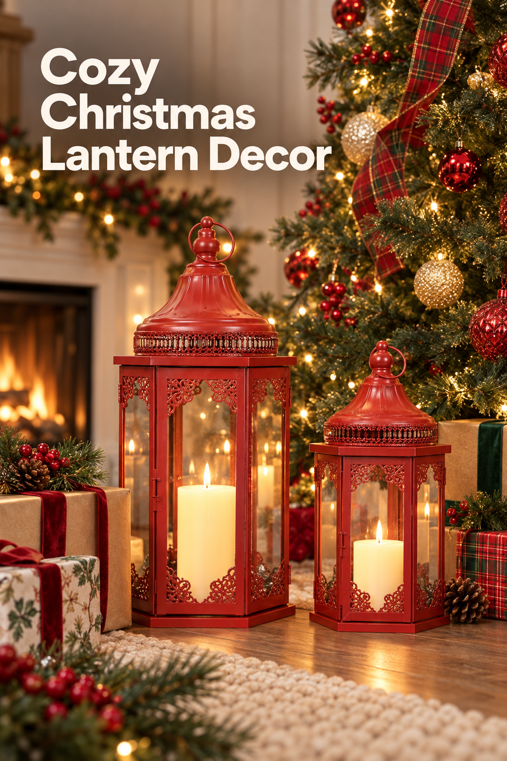 Two ornate red metal-and-glass lanterns in different heights stand beside a decorated Christmas tree and glowing fireplace, each holding a lit cream pillar candle. Wrapped gifts, evergreen branches, red berries, pinecones, plaid ribbon, red and gold ornaments, warm string lights, and a soft rug surround the lanterns in a cozy holiday living room scene with golden bokeh. Large cream headline text at the upper left reads “Cozy Christmas Lantern Decor.”