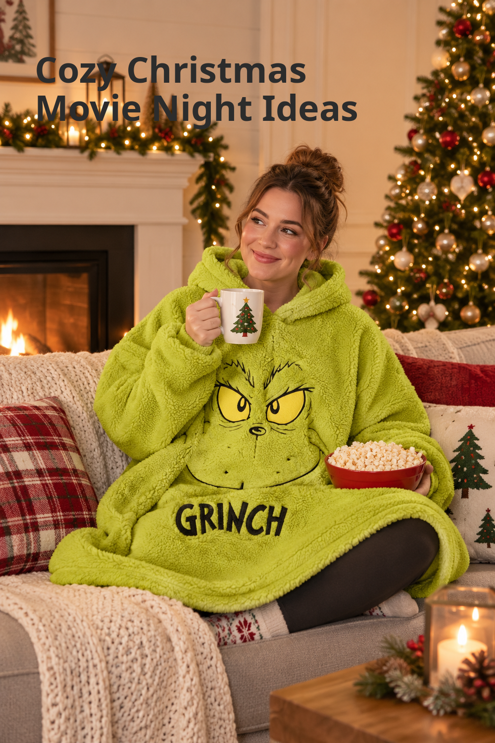 Vertical lifestyle photo of a woman relaxing on a sofa in a bright lime-green oversized sherpa-style wearable blanket hoodie with a large Grinch face and the word “GRINCH” across the front. She holds a Christmas-tree mug and a red bowl of popcorn in a warm living room with a lit fireplace, plaid and knit pillows, a cream throw, decorated Christmas tree, garland, lanterns, and candlelight. Deep charcoal headline at top left reads “Cozy Christmas Movie Night Ideas.”