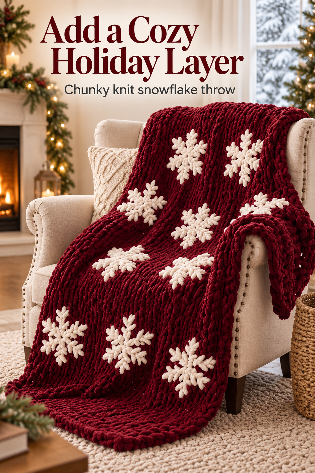 Dark red chunky knit snowflake throw draped over a cream armchair in a cozy holiday room, with the headline Add a Cozy Holiday Layer.