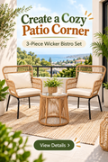 Two natural wicker chairs with beige cushions and a round glass-top table on a sunny balcony, with Create a Cozy Patio Corner headline.
