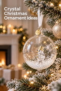 Vertical holiday lifestyle image showing a clear round ornament hanging from a snow-frosted evergreen branch. Inside the globe is a faceted crystal-style snowman with a gold top hat, gold accents, and sparkling faux snow at the base, with a round 2026 charm and white ribbon above. Warm fairy lights, a softly glowing fireplace, a wrapped gift, and pale ornaments blur in the background. White headline at upper left reads “Crystal Christmas Ornament Ideas.”