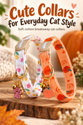 Two floral and pumpkin breakaway cat collars with bells and charms under the headline Cute Collars for Everyday Cat Style