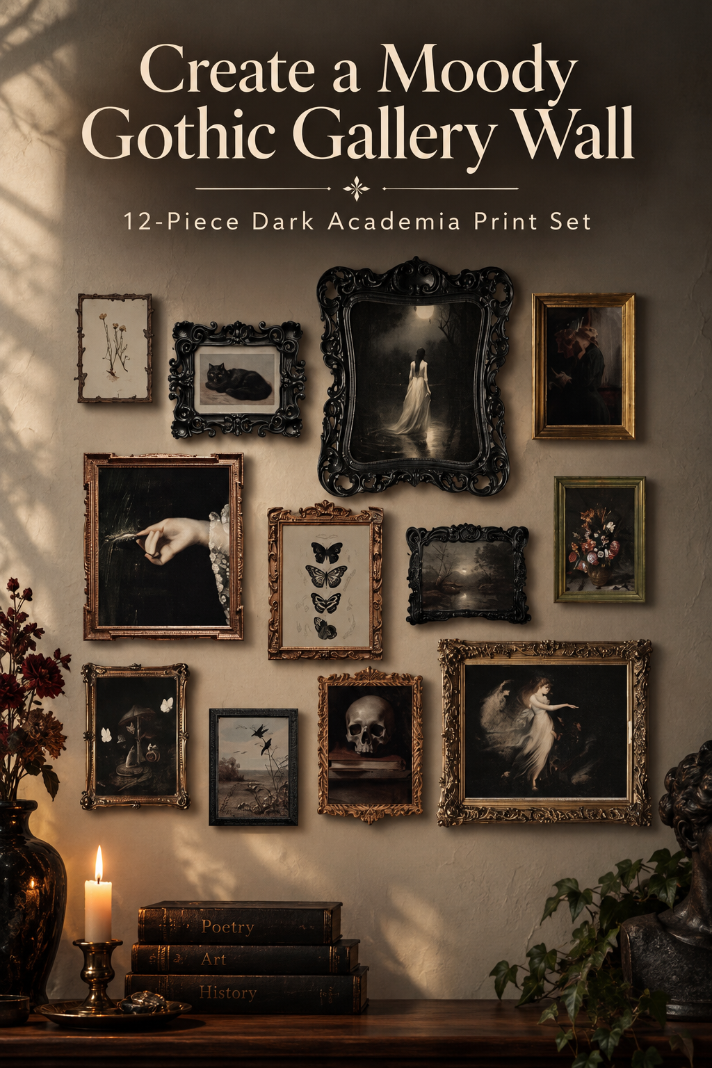 Moody gothic gallery wall featuring dark academia prints with the headline “Create a Moody Gothic Gallery Wall.”