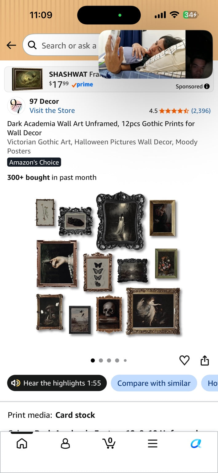 Amazon product screenshot showing a 12-piece unframed dark academia gothic wall art print set.